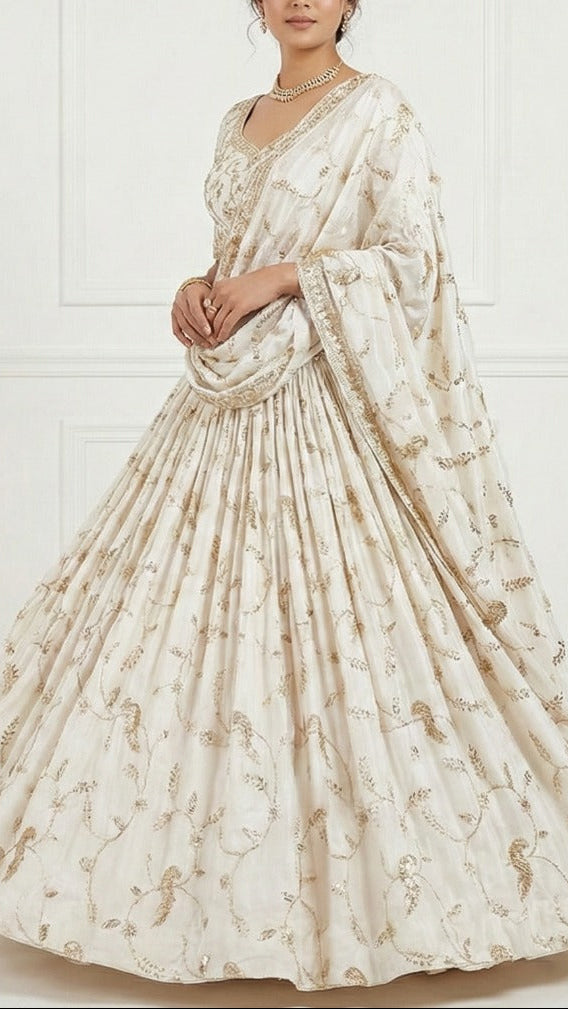 White Dyeable Crepe Fabric With Bird Motif Of Zari, Katdana And Sequins Work 21072