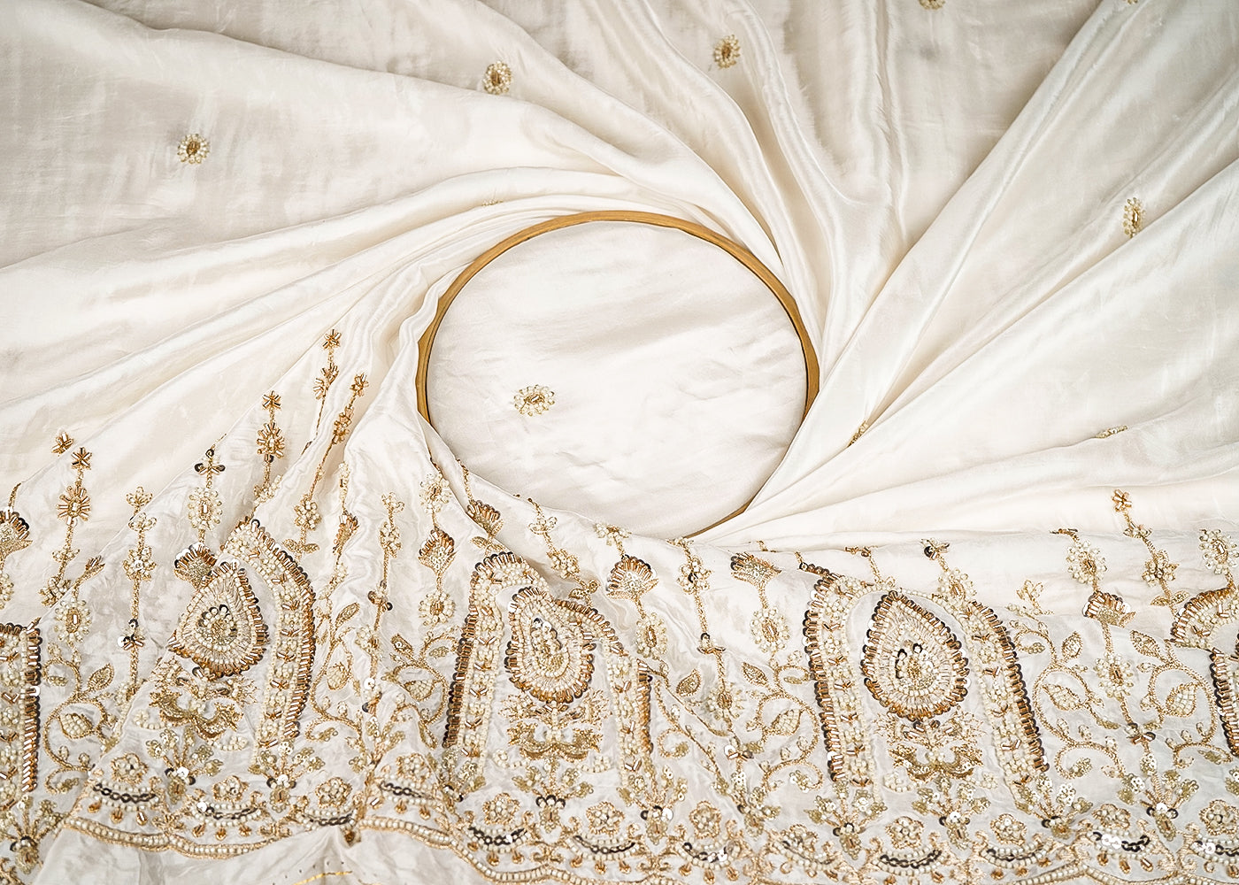 White Crepe Fabric With All Over Bead, Katdana, Sequins And Zari Work With One Side Border 20004