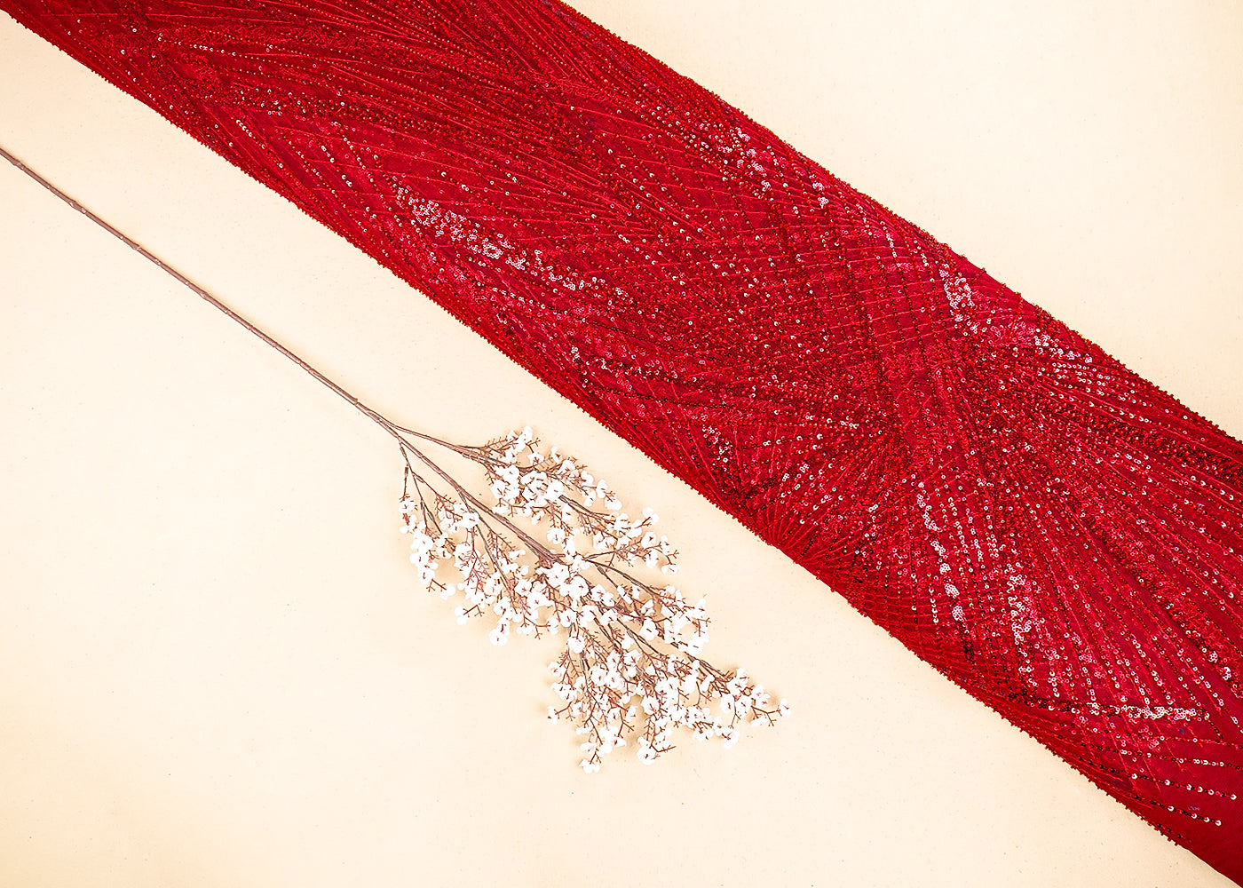 Red Imported Net Fabric With Allover Sequins & Bead Work  20007