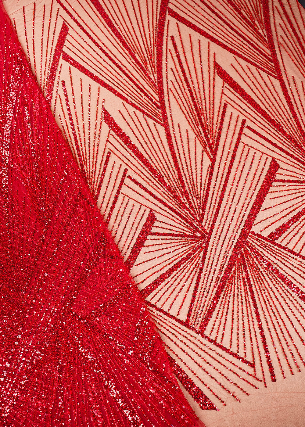 Red Imported Net Fabric With Allover Sequins & Bead Work 20007