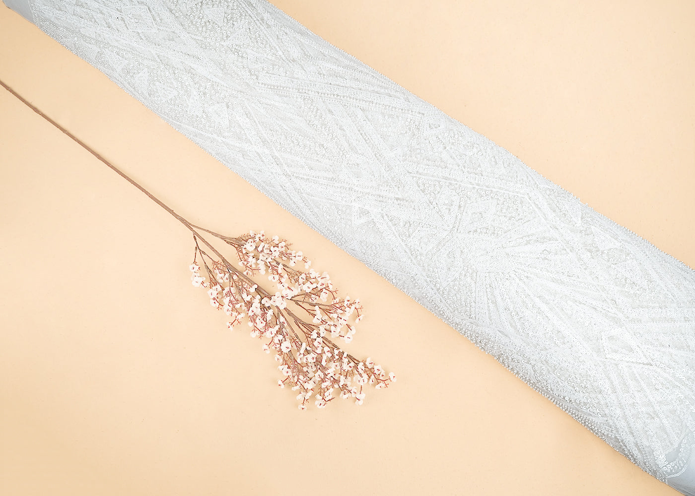 White Imported Net Fabric With Allover Sequins, Pearl & Bead Work  20009