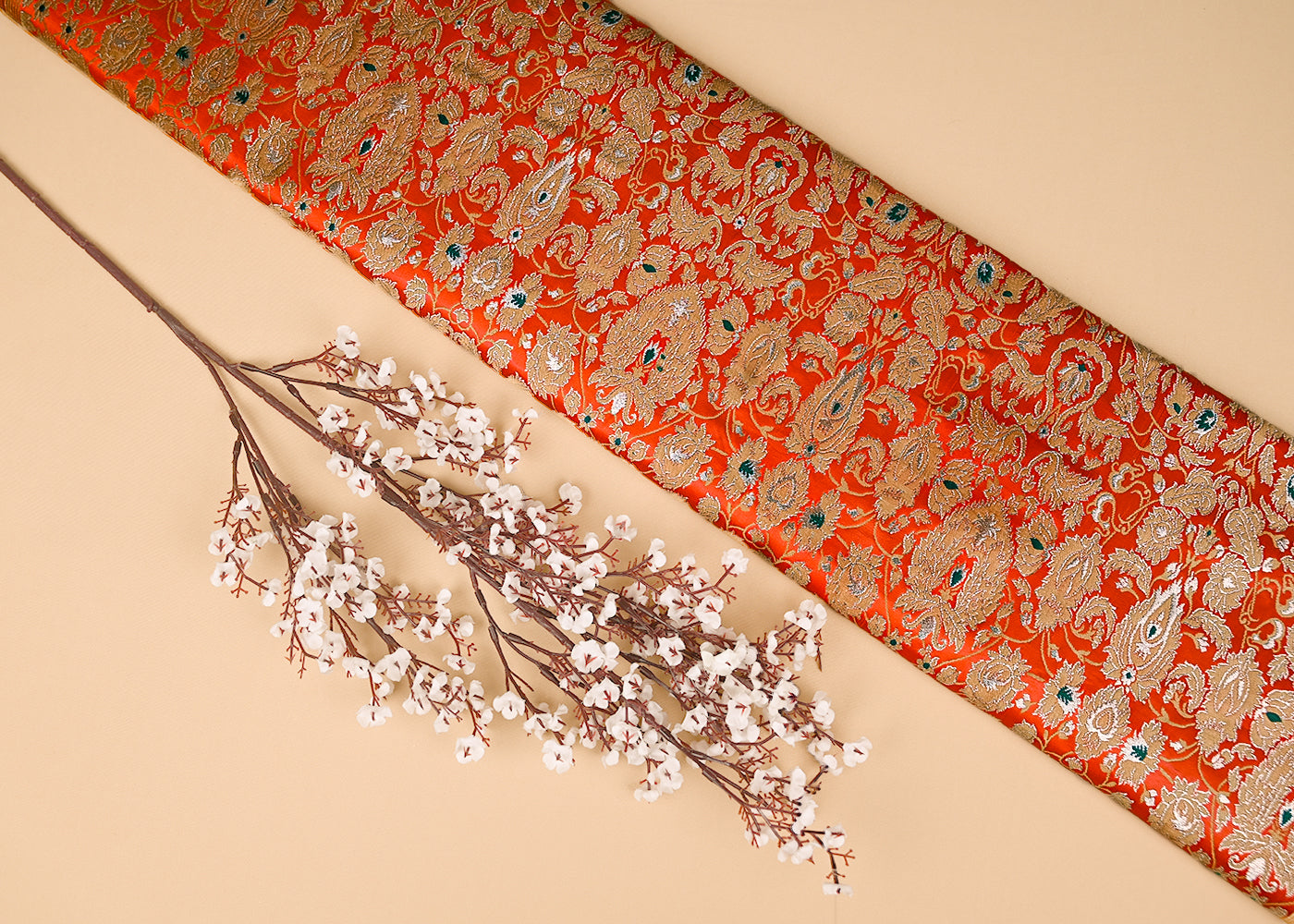 Deep Orange Pure Banarasi Brocade Fabric With Thread And Zari Handloom 20013
