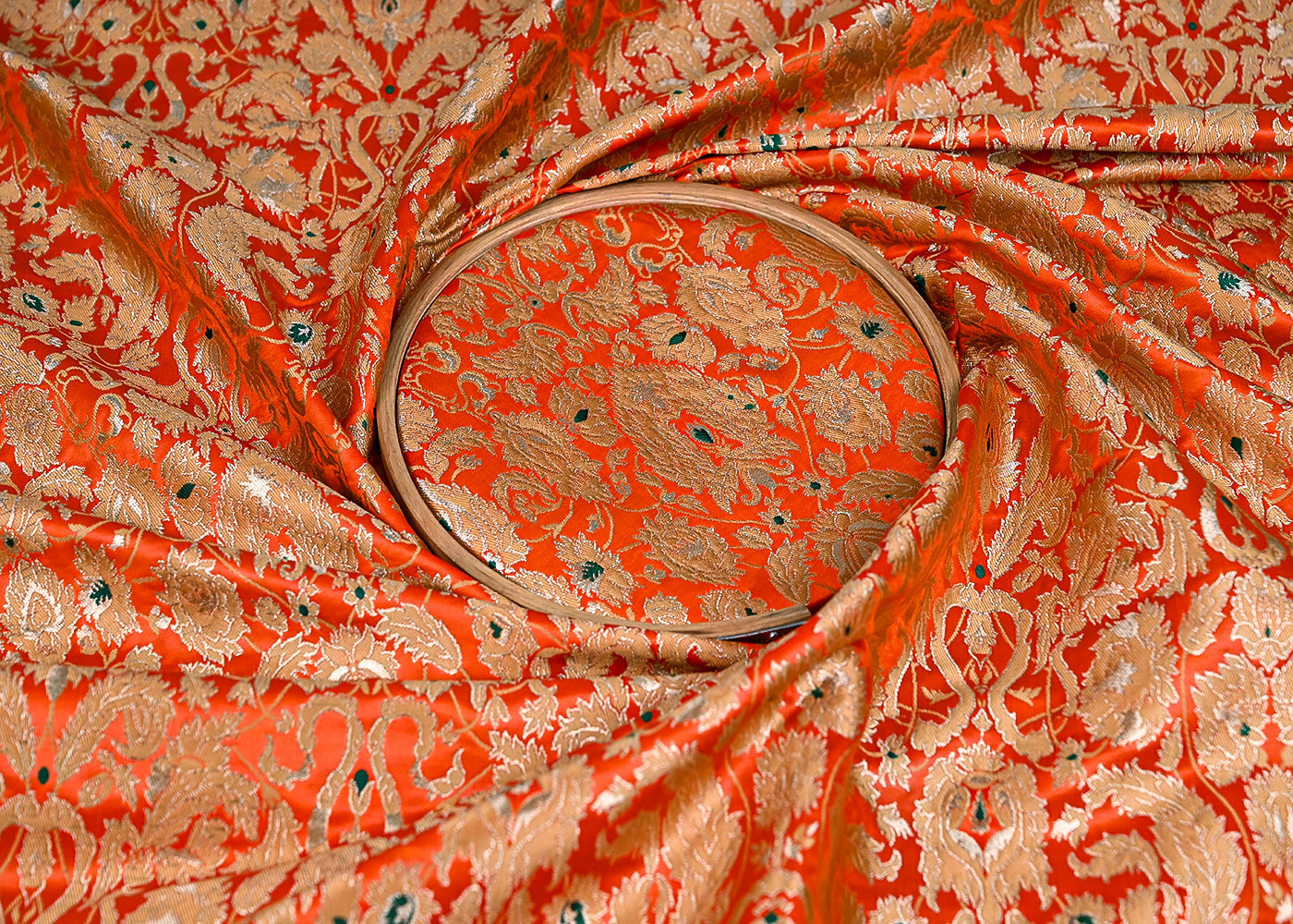 Deep Orange Pure Banarasi Brocade Fabric With Thread And Zari Handloom 20013