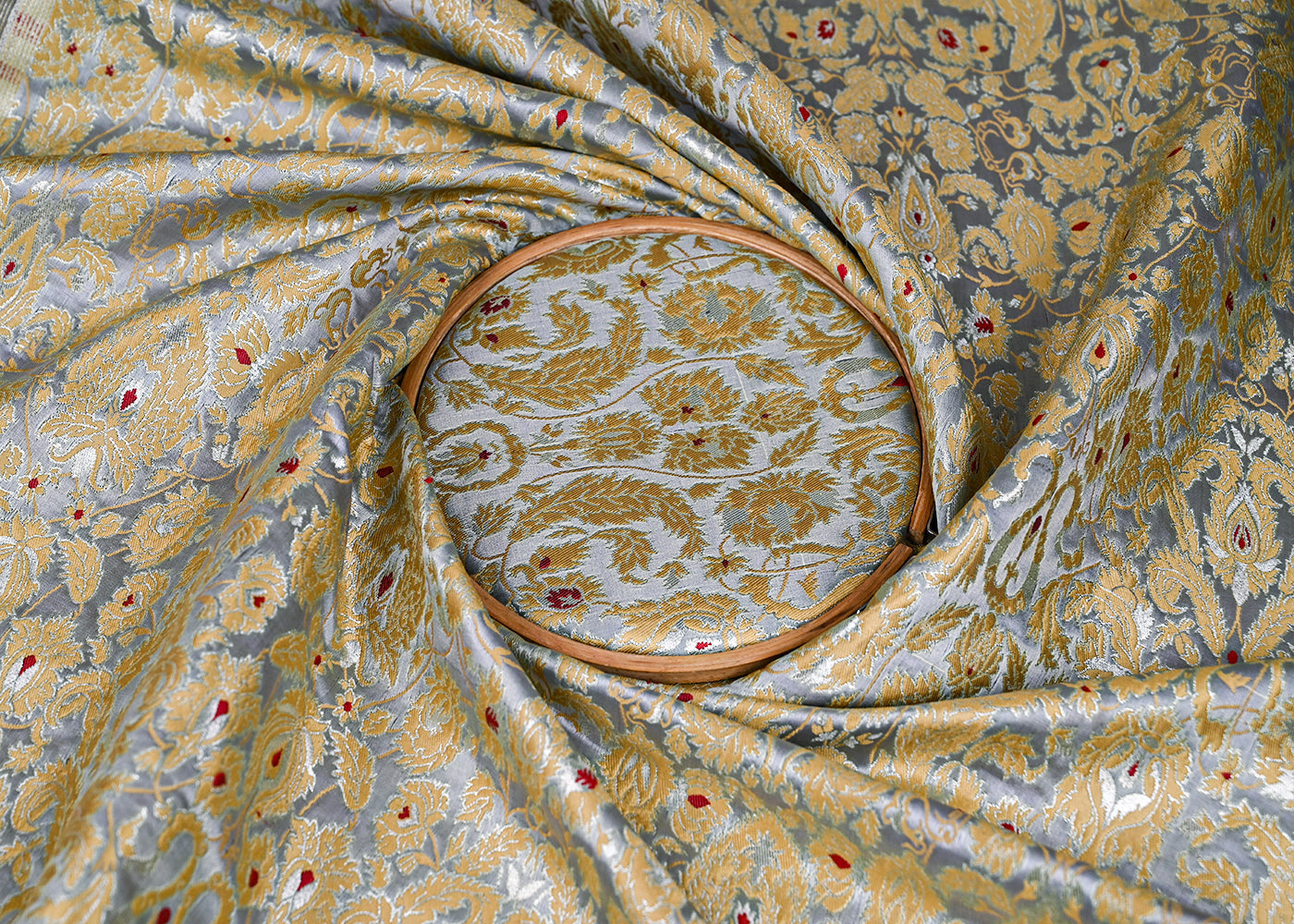 Light Grey Pure Banarasi Brocade Fabric With Thread And Zari Handloom 20014