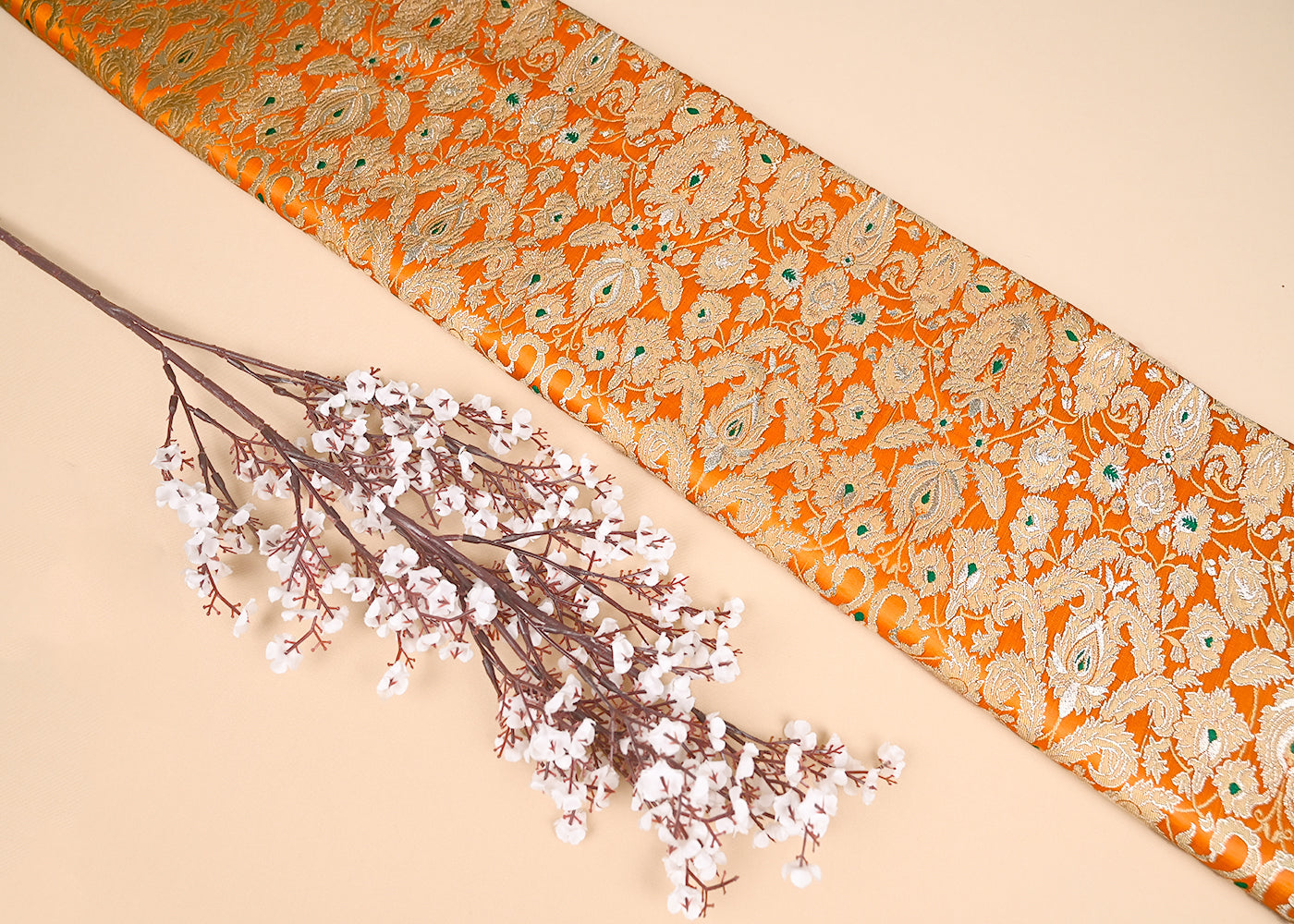 Light Orange Pure Banarasi Brocade Fabric With Thread And Zari Handloom 20016