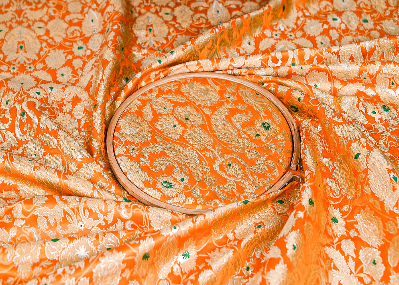 Light Orange Pure Banarasi Brocade Fabric With Thread And Zari Handloom 20016
