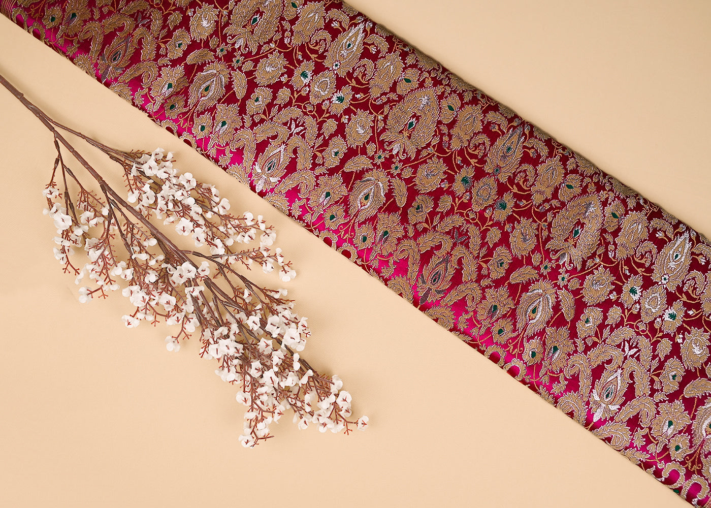 Rani Pink Pure Banarasi Brocade Fabric With Thread And Zari Handloom 20018