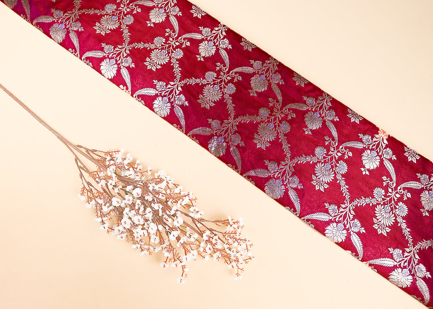 Dark Pink Banarasi Brocade Fabric With All Over Golden Zari Handloom 20020