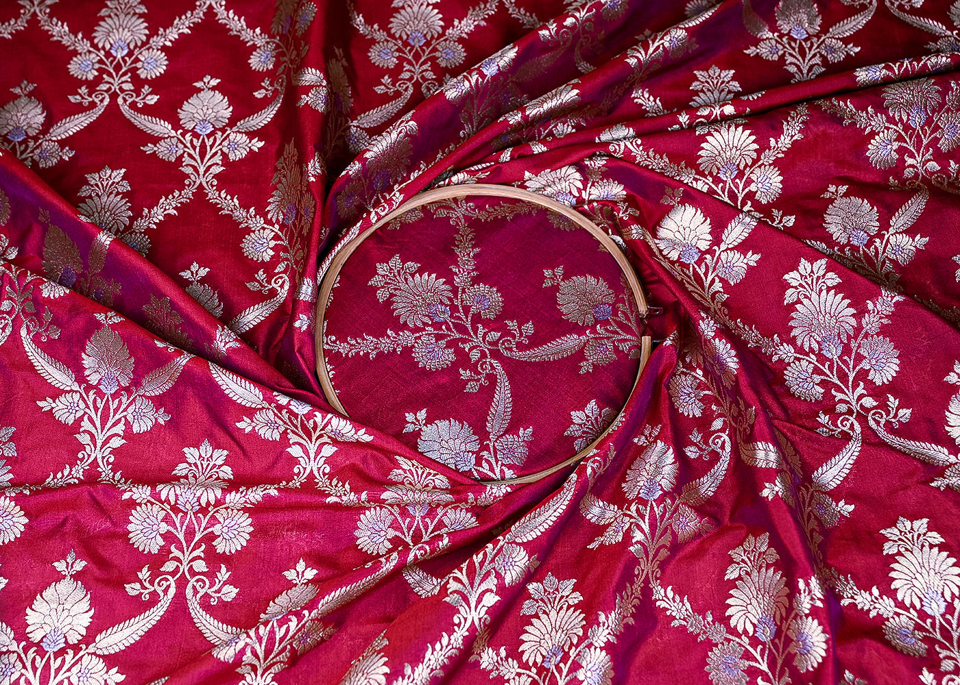 Dark Pink Banarasi Brocade Fabric With All Over Golden Zari Handloom 20020