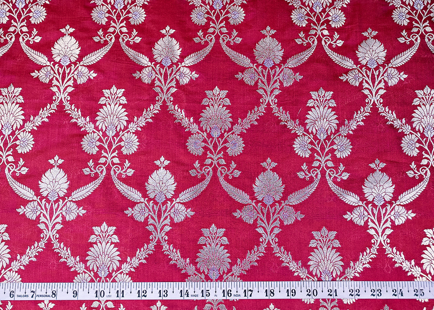 Dark Pink Banarasi Brocade Fabric With All Over Golden Zari Handloom 20020