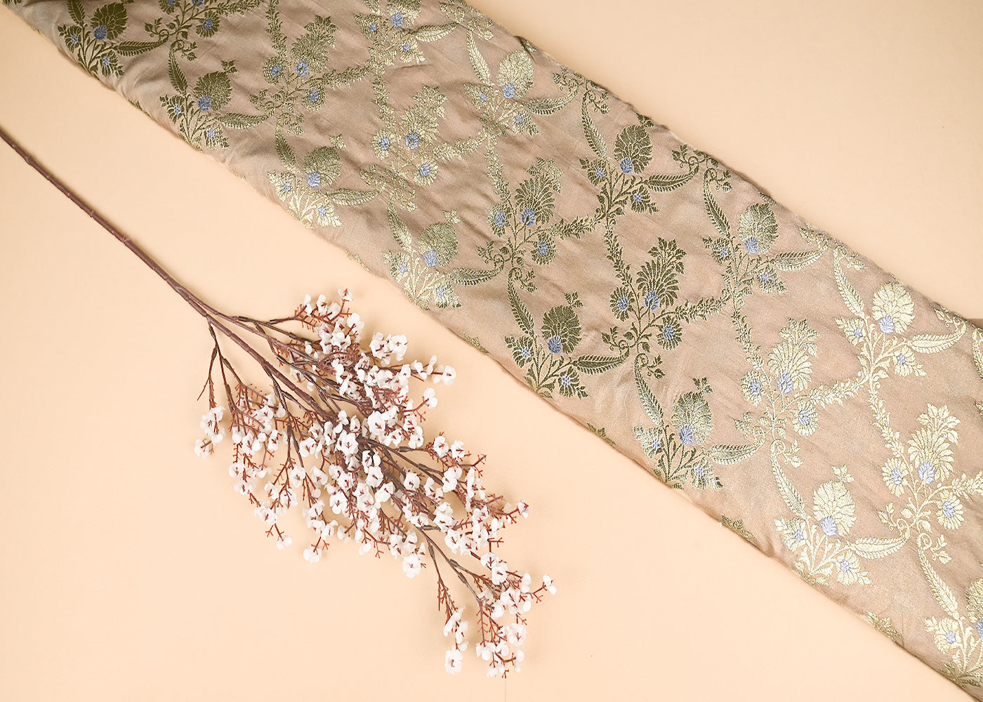 Beige Banarasi Brocade Fabric With All Over Golden Zari Handloom 20023