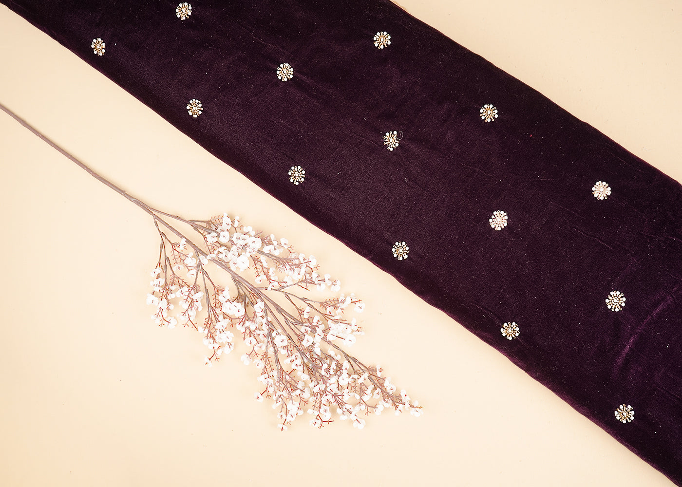 Dark Purple Velvet Fabric With All Over Buti Of Sequins, Katdana And Bead  20073