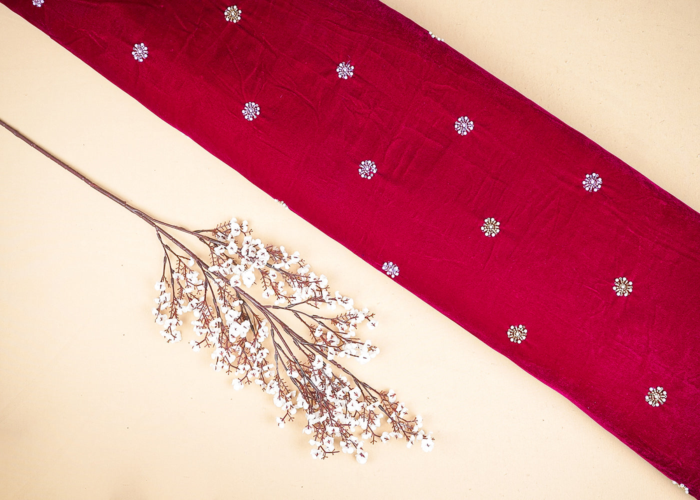 Rani Pink Velvet Fabric With All Over Buti Of Sequins, Katdana And Bead  20074