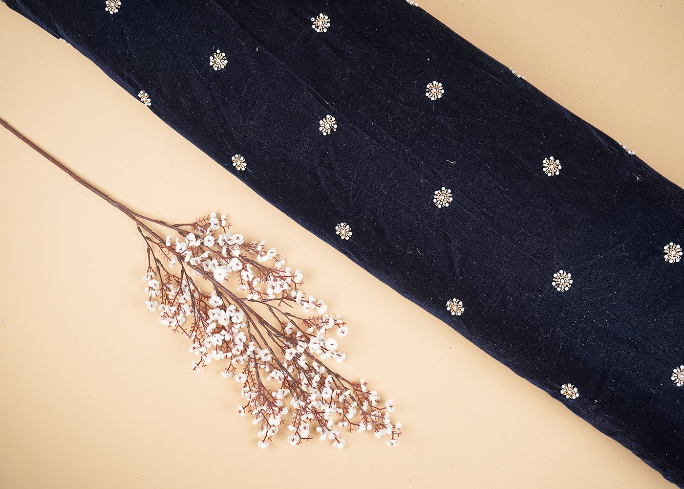 Navy Blue Velvet Fabric With All Over Buti Of Sequins, Katdana And Bead  20075