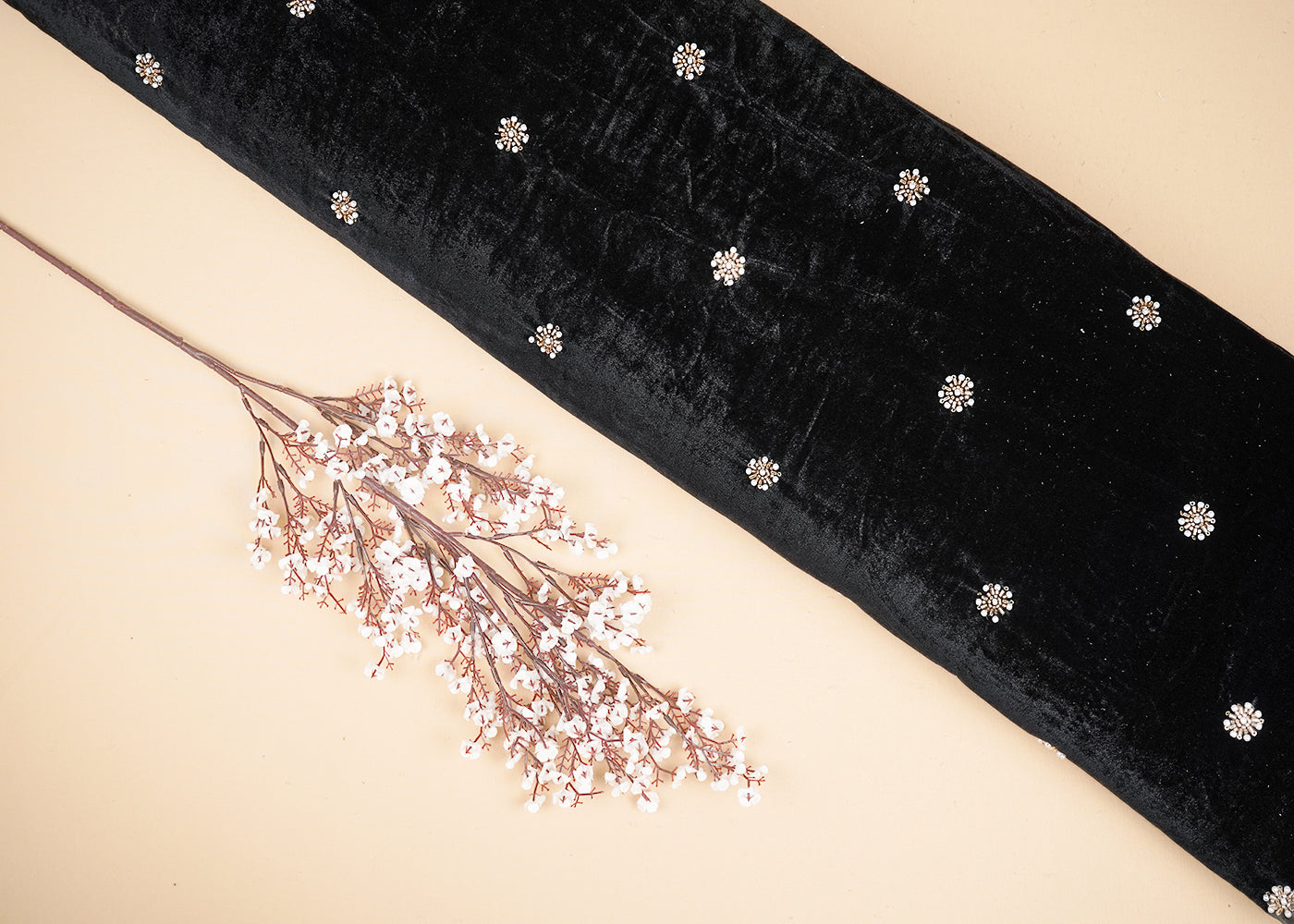 Black Velvet Fabric With All Over Buti Of Sequins, Katdana And Bead  20077