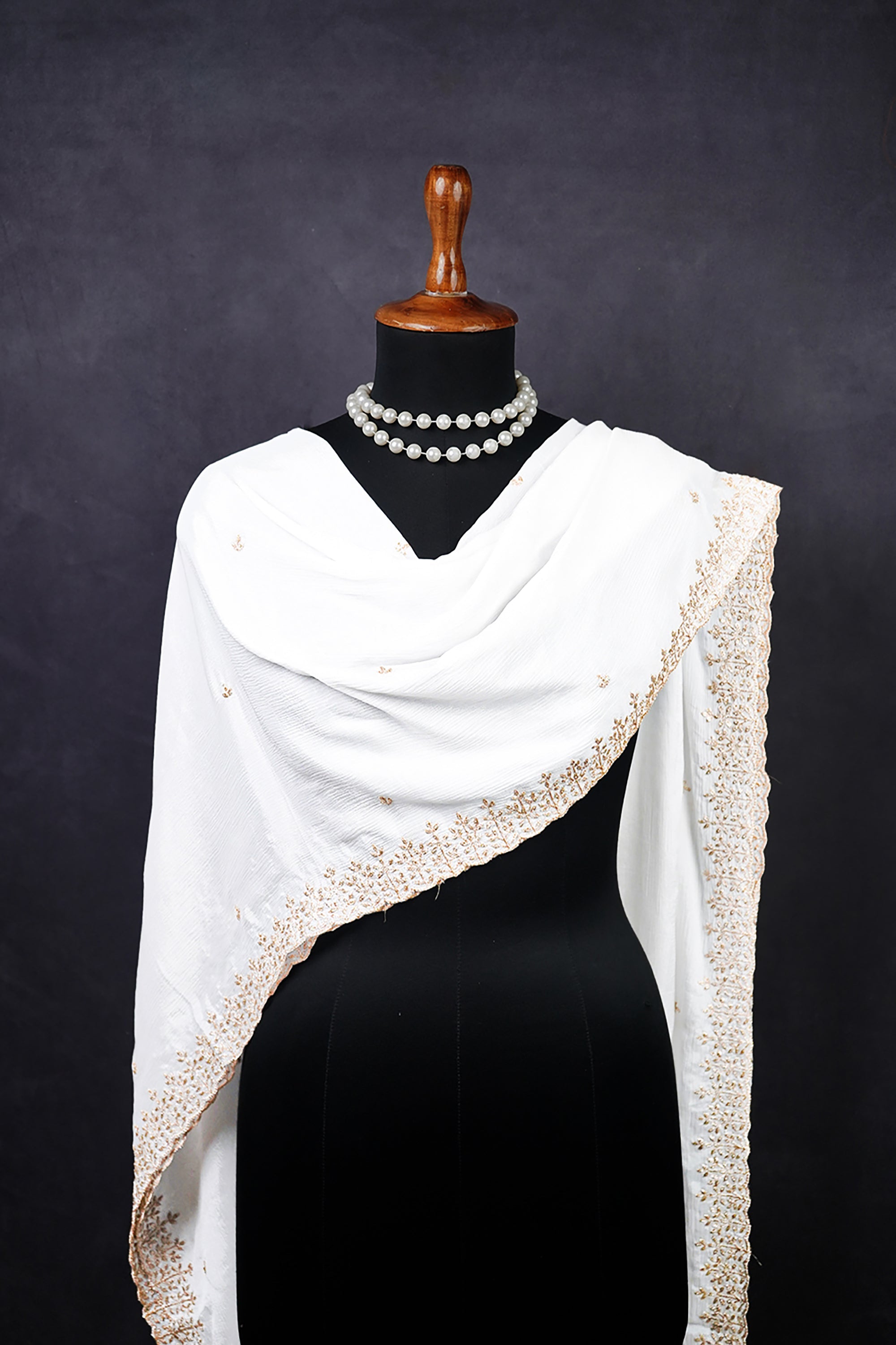 White Dyeable Chinon Chiffon Dupatta With All Over Sequins And Zari Work 20091
