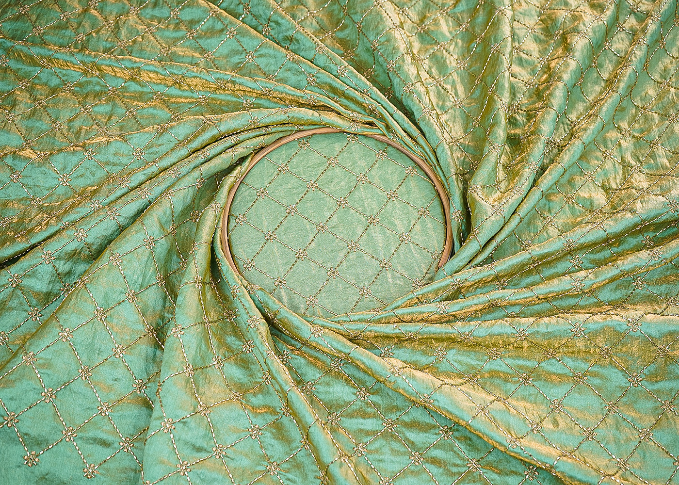 Green Diamond Silk Fabric With All Over Zari And Katdana Work 20109
