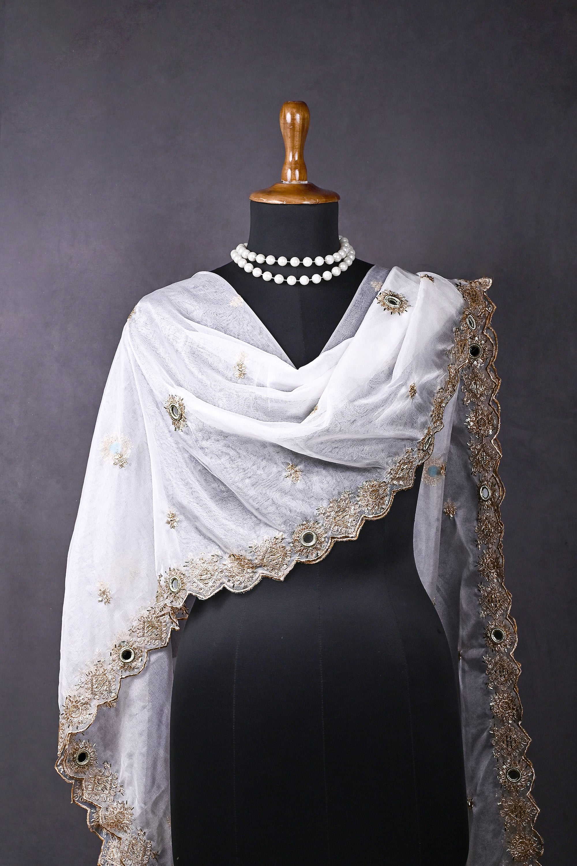 White Dyeable Organza Dupatta All Over Zari, Sequins And Original Mirror Work 20115