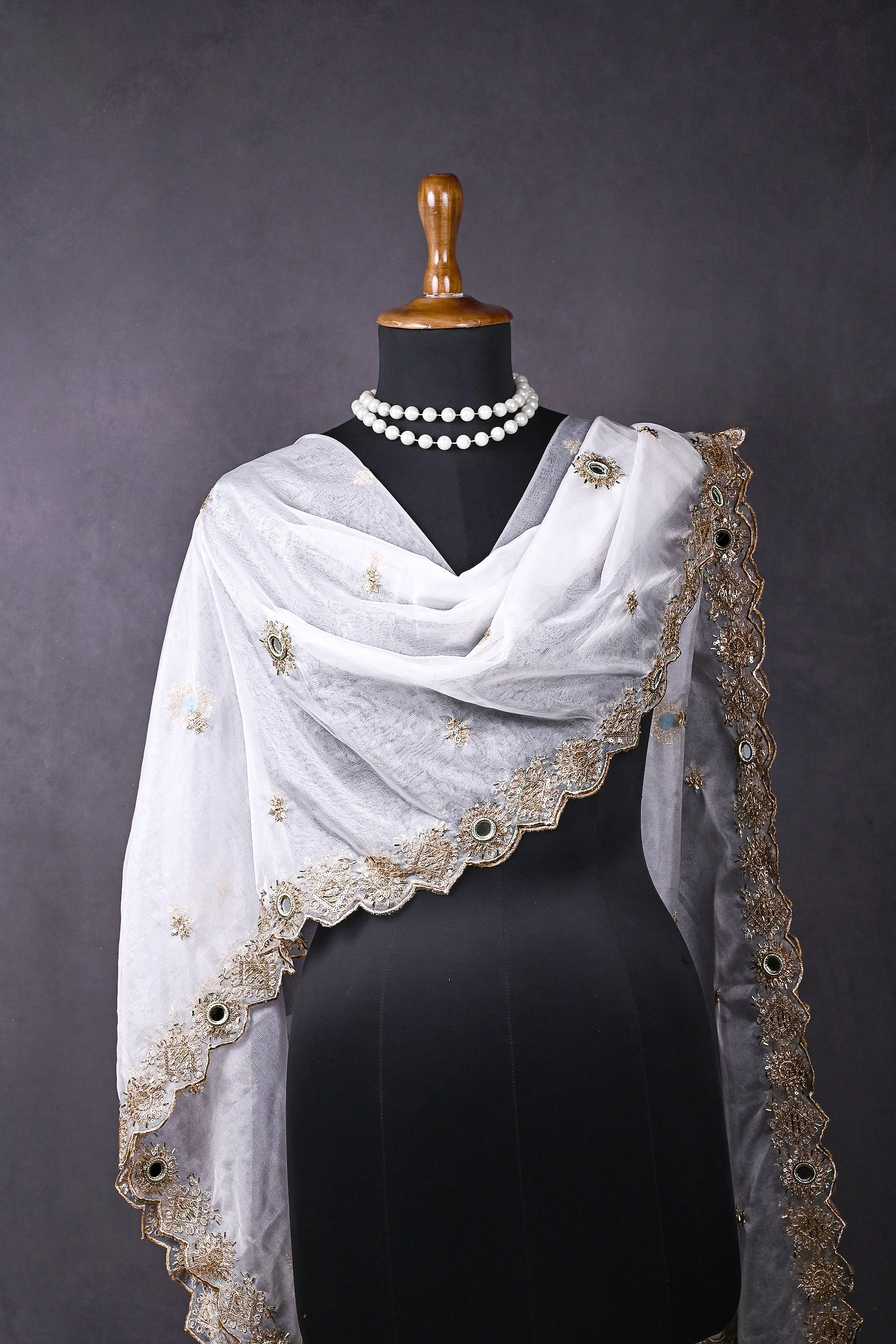 White Dyeable Organza Dupatta All Over Zari, Sequins And Original Mirror Work 20115