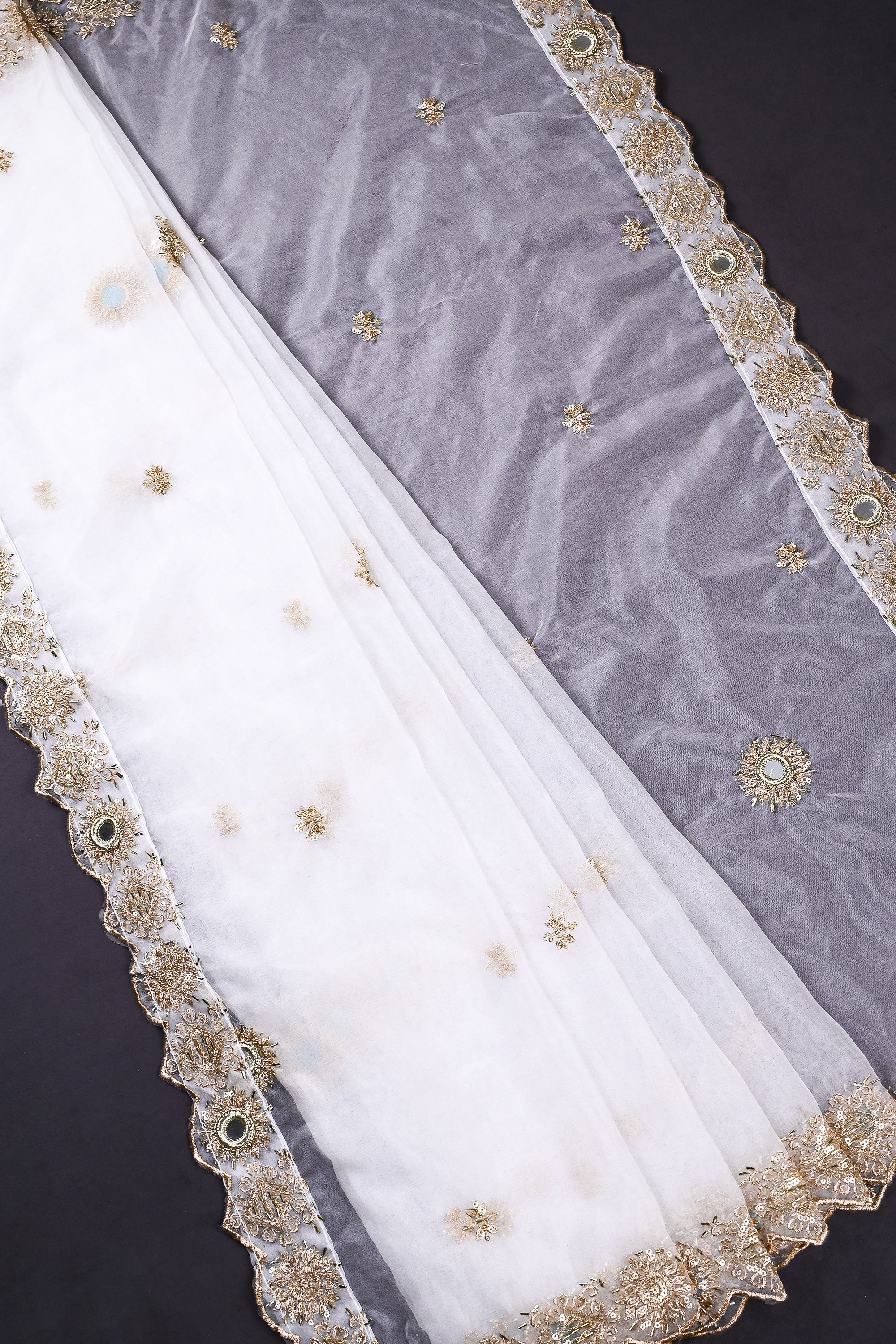 White Dyeable Organza Dupatta All Over Zari, Sequins And Original Mirror Work 20115