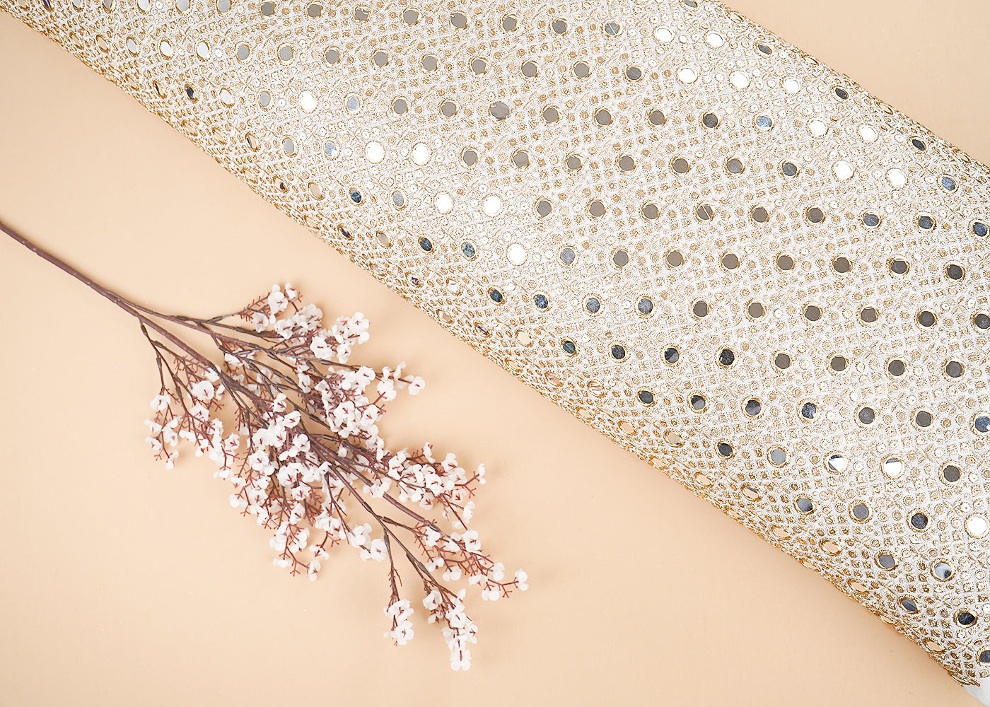 White Georgette Fabric With All Over Zari Sequins And Faux Mirror Work 20130