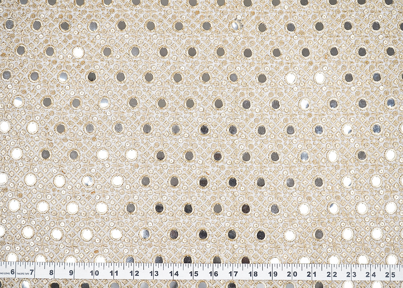 White Georgette Fabric With All Over Zari Sequins And Faux Mirror Work 20130