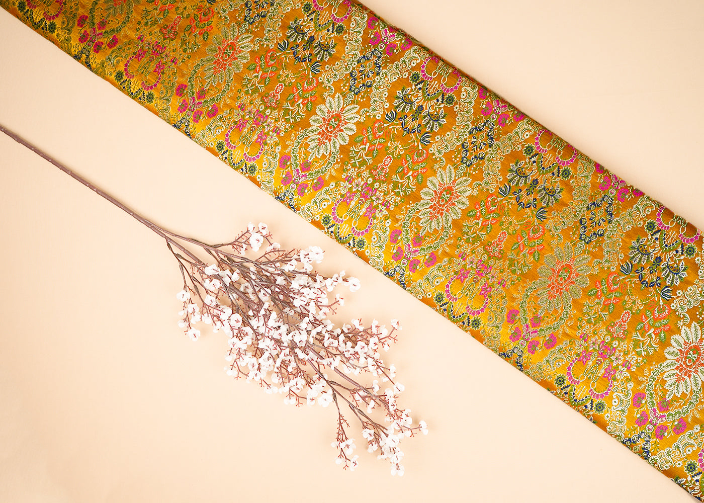 Mustard Pure Banarasi Brocade Fabric with Allover Golden Zari Handloom 20439