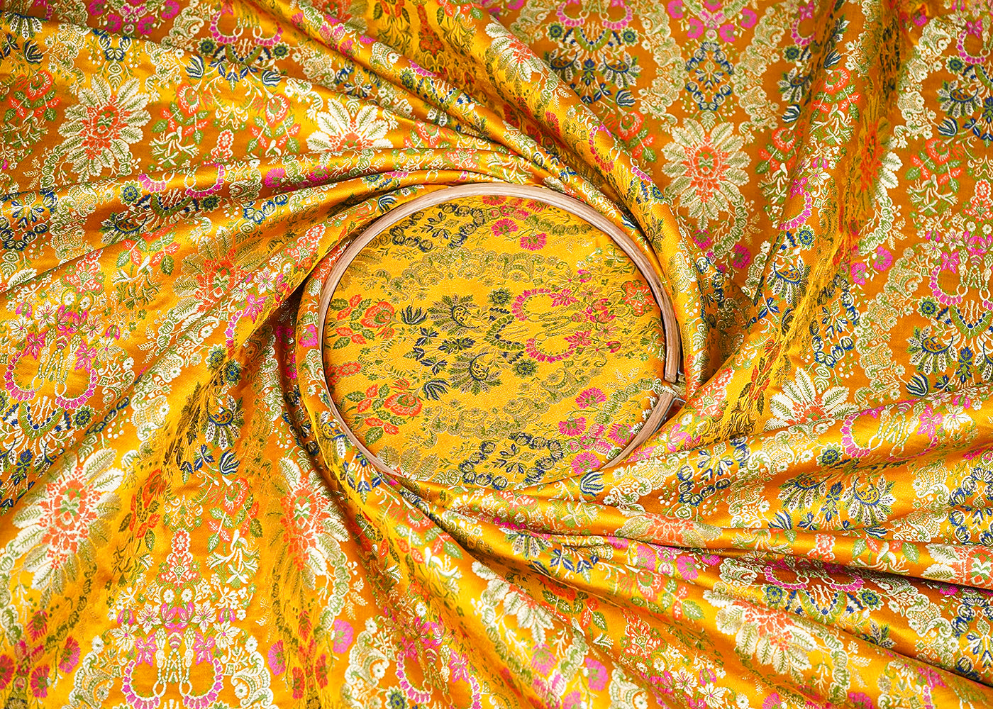 Mustard Pure Banarasi Brocade Fabric with Allover Golden Zari Handloom 20439