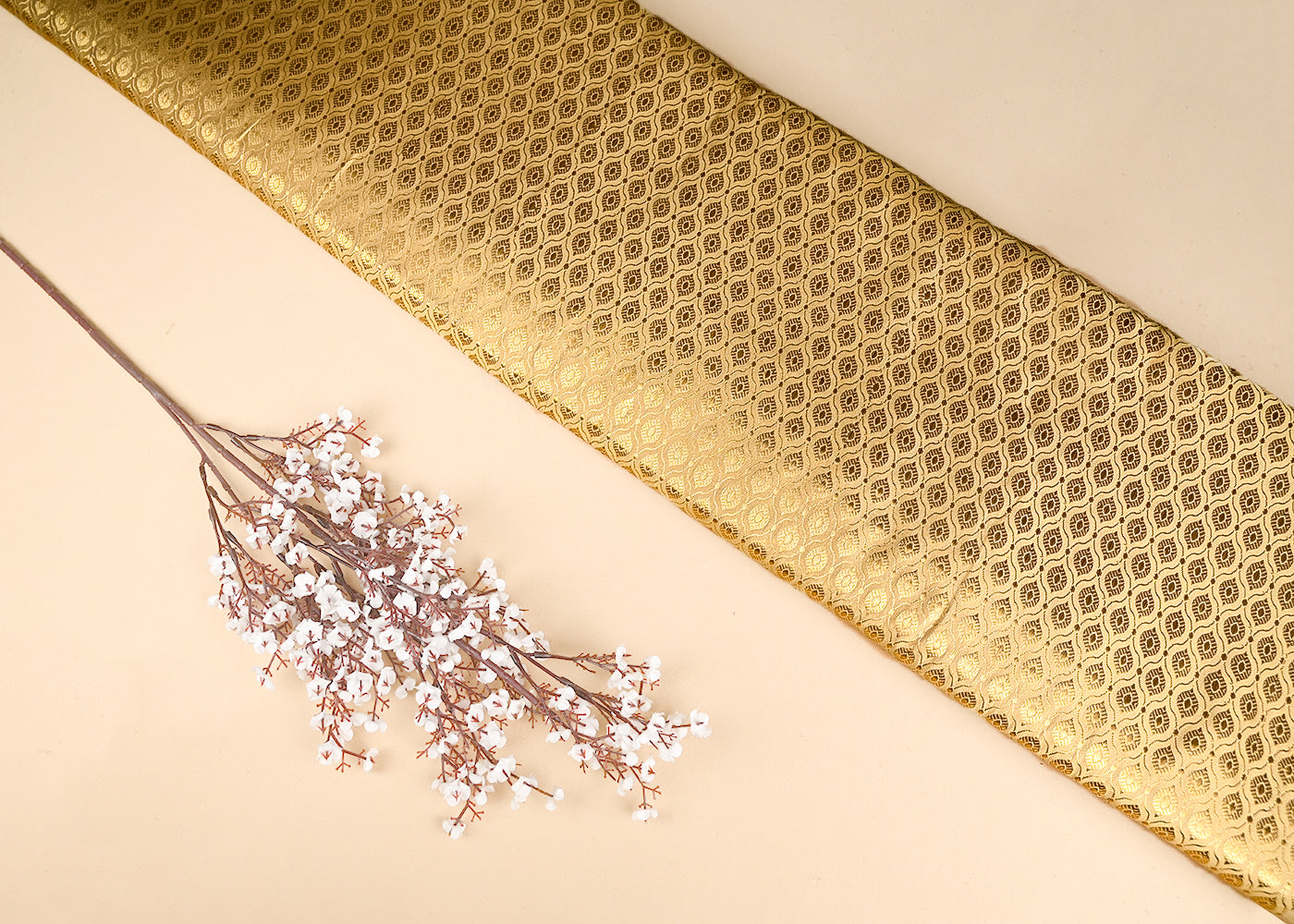 Golden Banarasi Brocade Fabric With All Over Golden Zari Handloom 20147