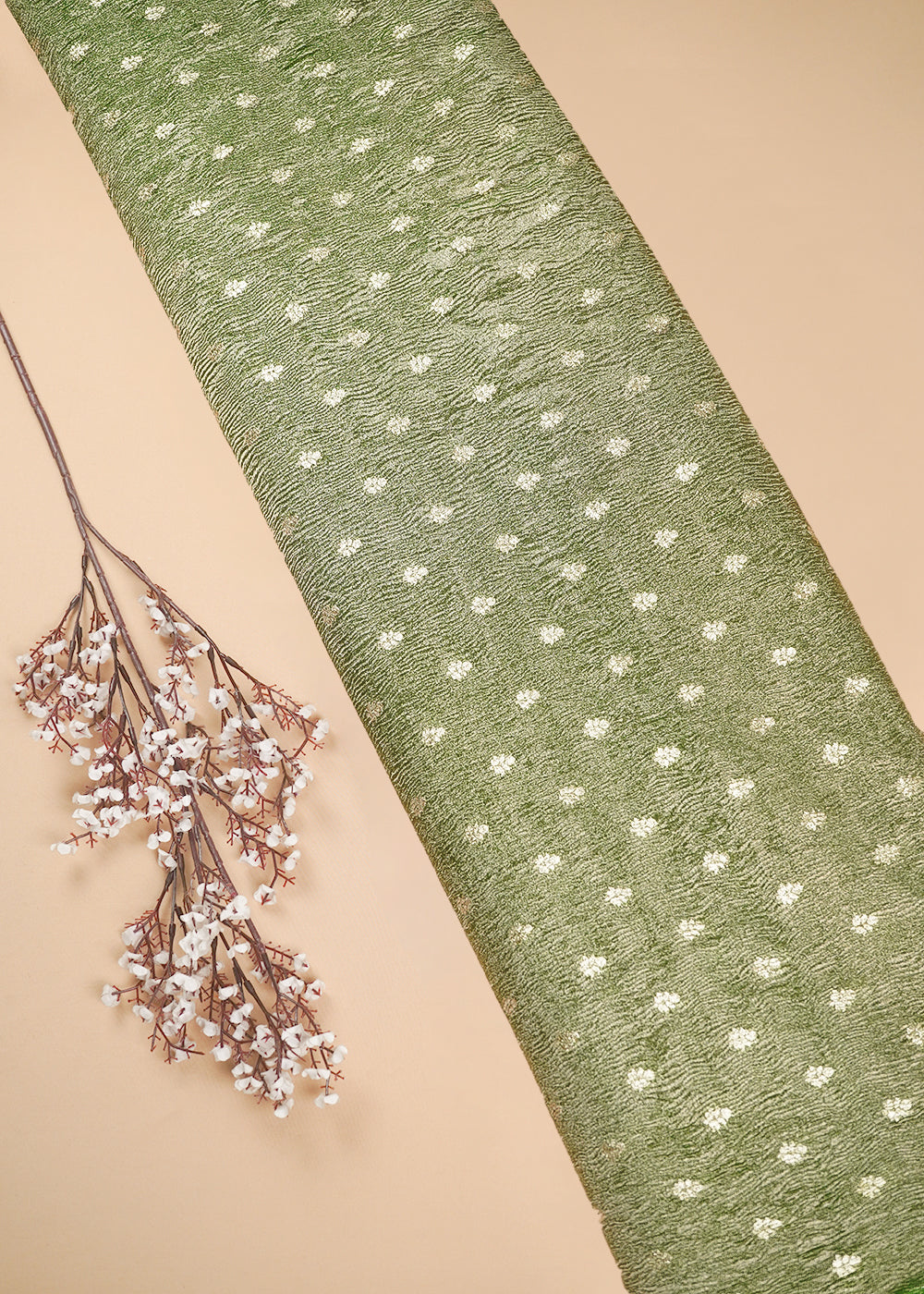 Green Crushed Tissue Fabric With All Over Buti Of Zari Handloom 20172