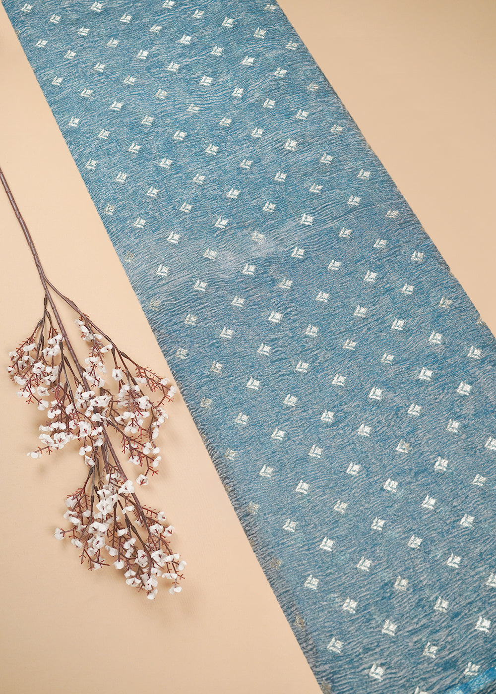 Sky Blue Crushed Tissue Fabric With All Over Buti Of Zari Handloom 20174