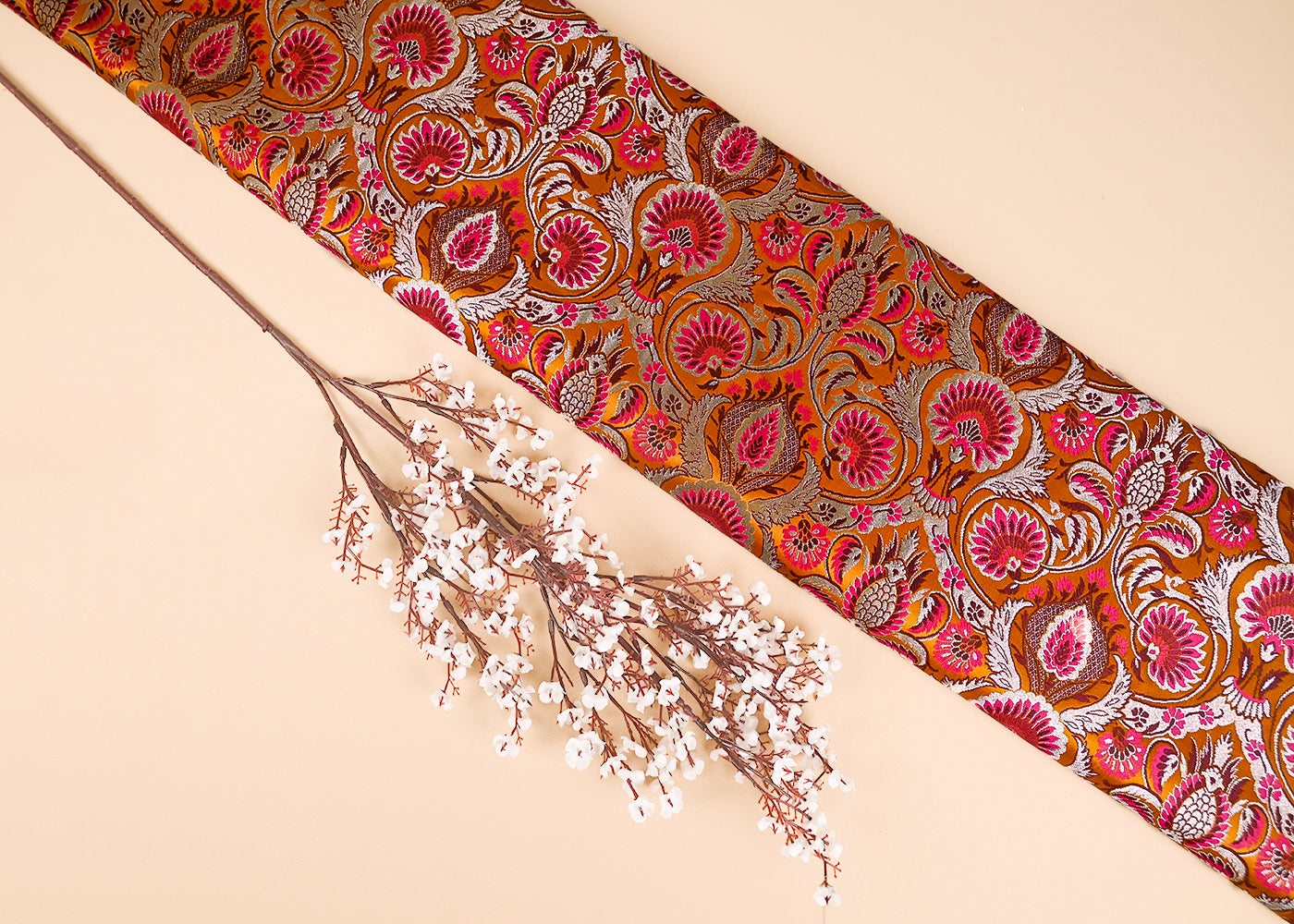 Mustard Pure Banarasi Brocade Fabric With Thread And Zari Handloom 20180