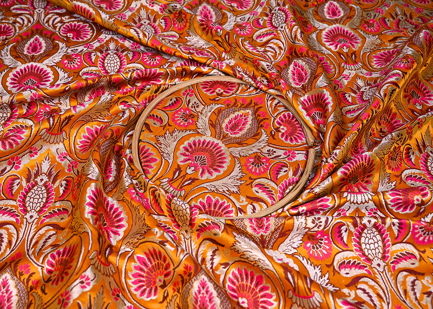 Mustard Pure Banarasi Brocade Fabric With Thread And Zari Handloom 20180