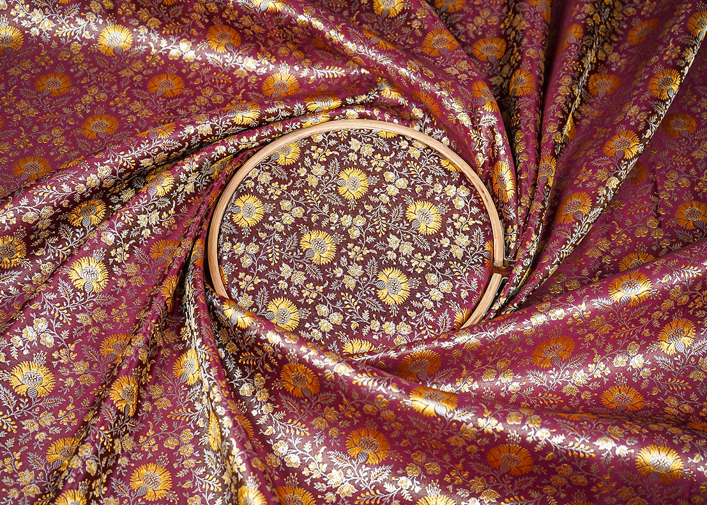 Wine Banarasi Brocade Fabric With Zari Handloom 20188