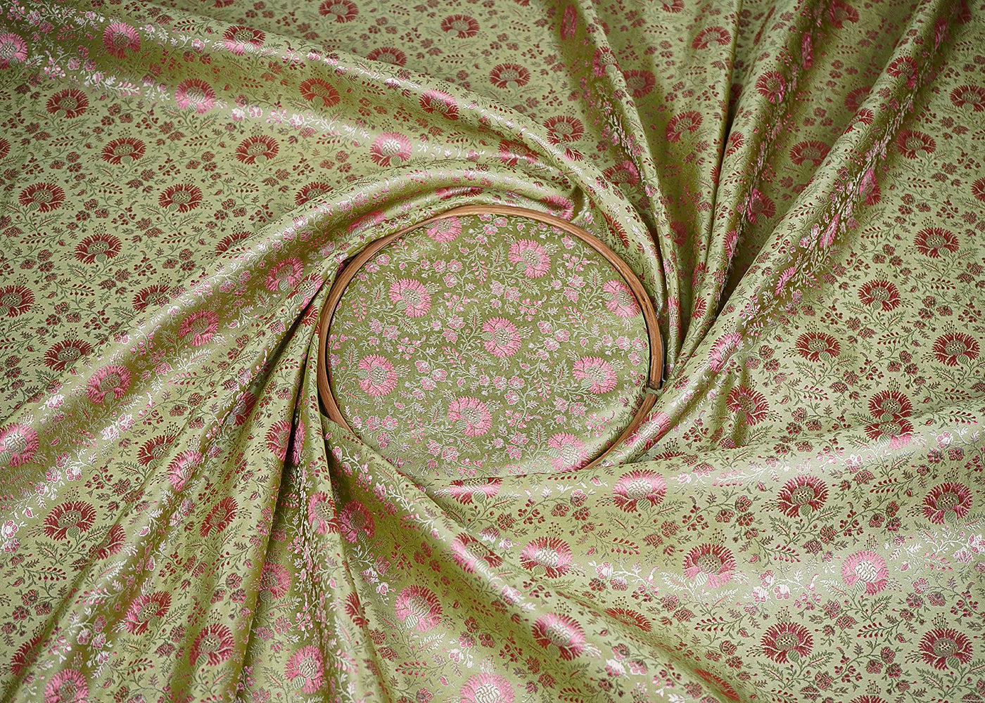 Pista Green Banarasi Brocade Fabric With Zari Handloom 20191