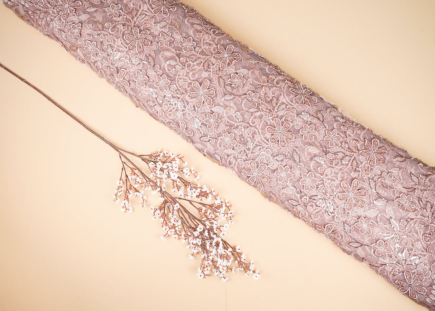 Peach Imported Net Fabric With All Over Bead, Sequins And 3D Flowers With Two Side Borders 20221
