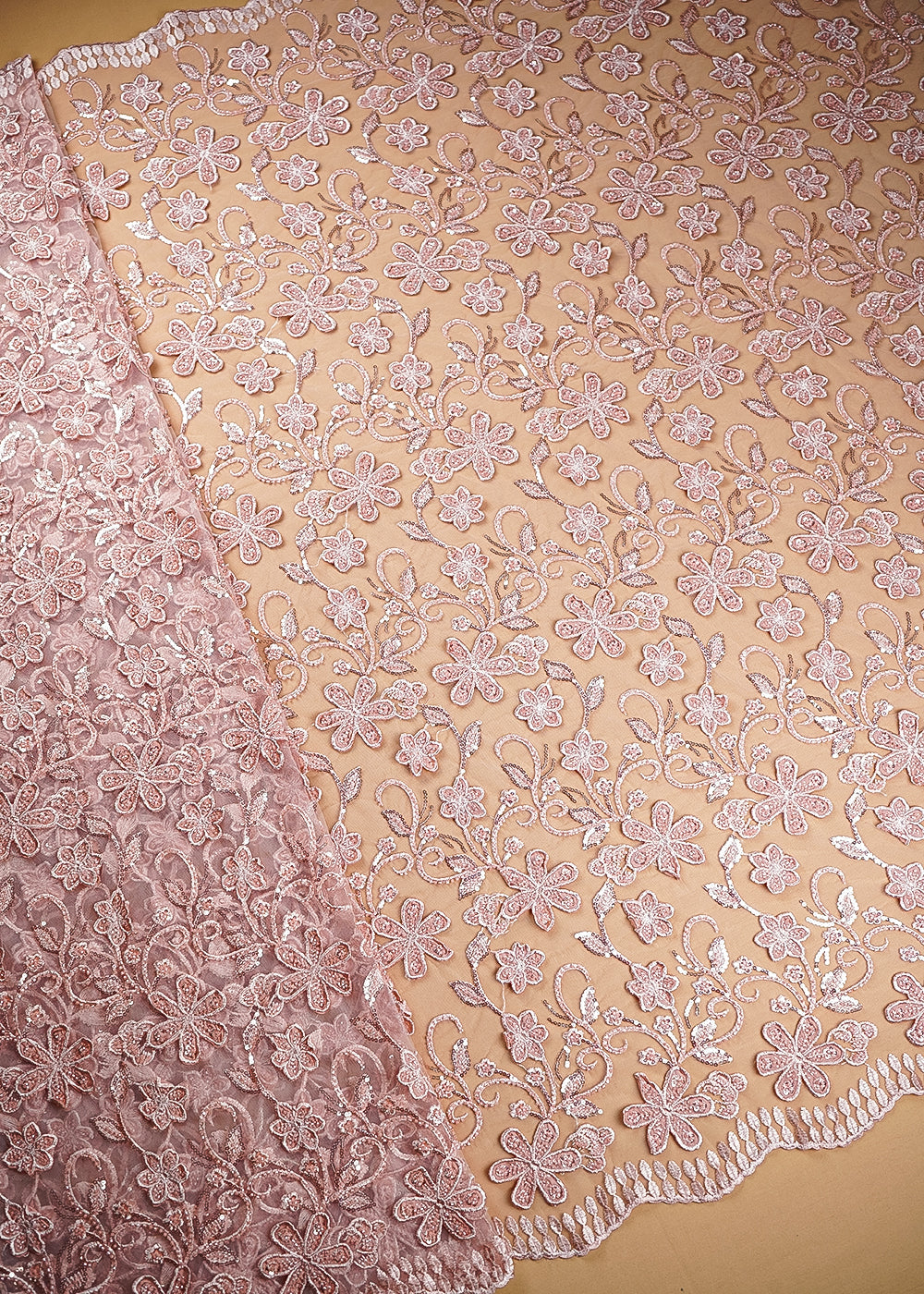 Peach Imported Net Fabric With All Over Bead, Sequins And 3D Flowers With Two Side Borders 20221
