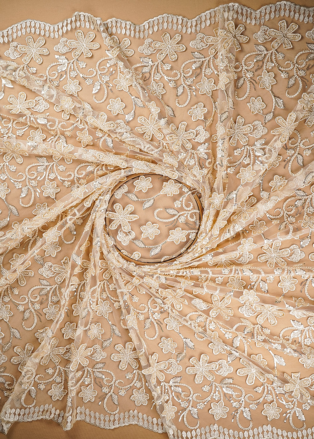 Cream Imported Net Fabric With All Over Bead, Sequins And 3D Flowers With Two Side Borders 20222