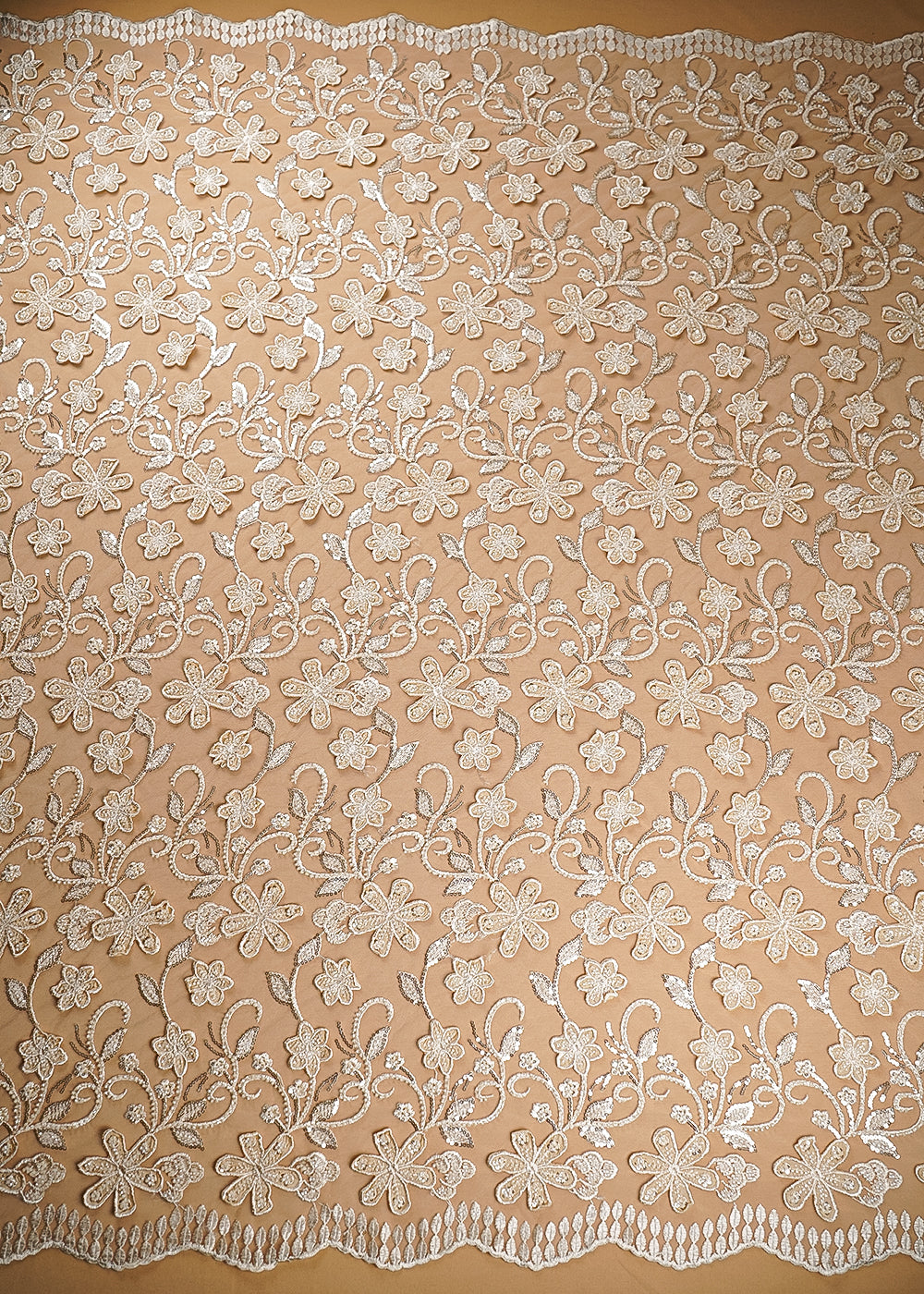 Cream Imported Net Fabric With All Over Bead, Sequins And 3D Flowers With Two Side Borders 20222