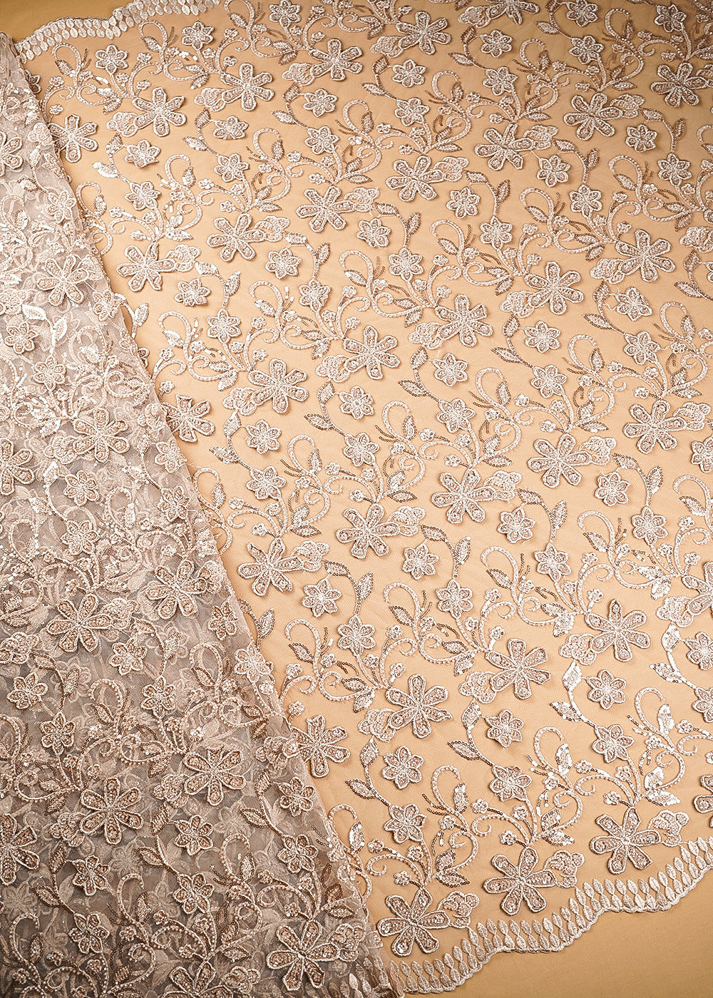 Gold Imported Net Fabric With All Over Bead, Sequins And 3D Flowers With Two Side Borders 20223