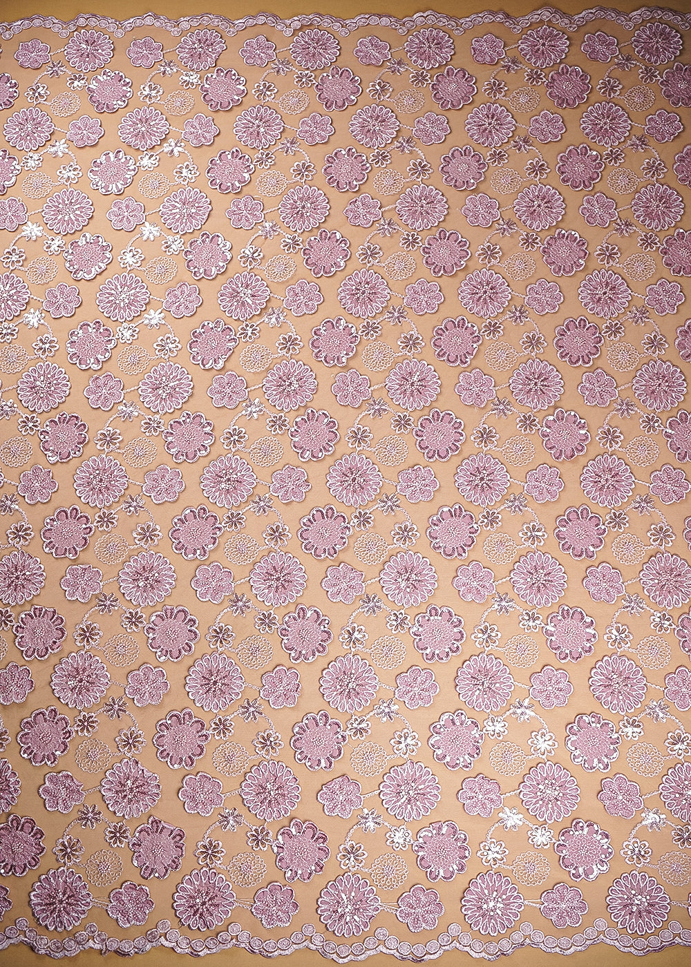 Pink Imported Net Fabric With All Over Bead, Sequins And 3D Flowers With Two Side Borders 20224