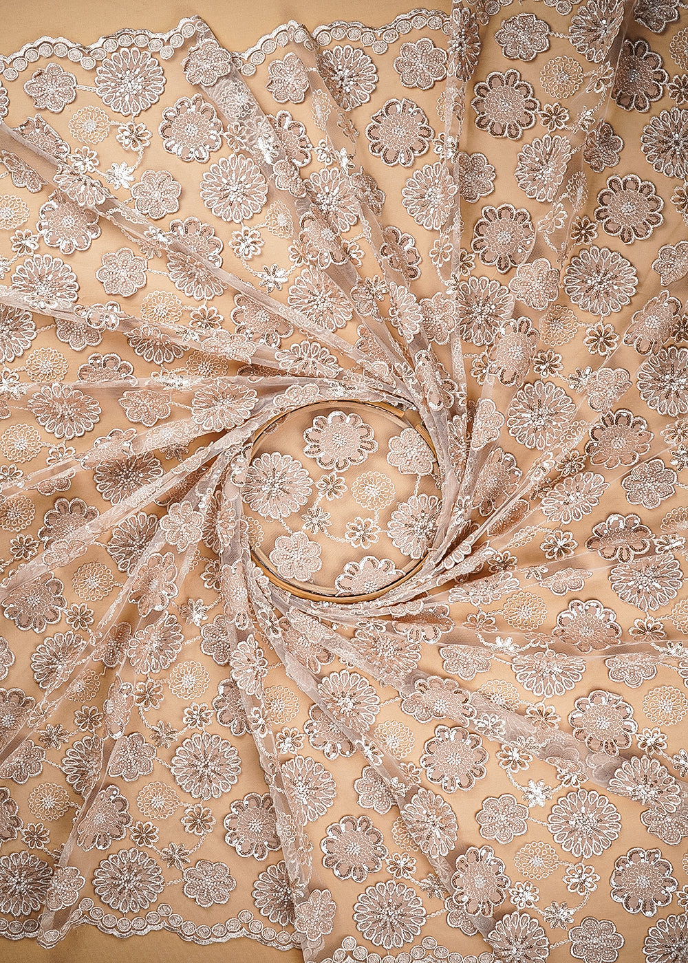 Gold Imported Net Fabric With All Over Bead, Sequins And 3D Flowers With Two Side Borders 20225