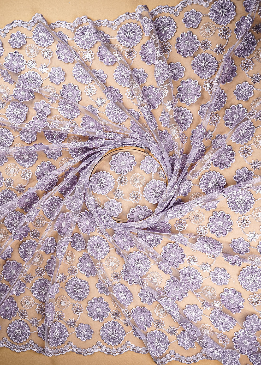 Lavender Imported Net Fabric With All Over Bead, Sequins And 3D Flowers With Two Side Borders 20226