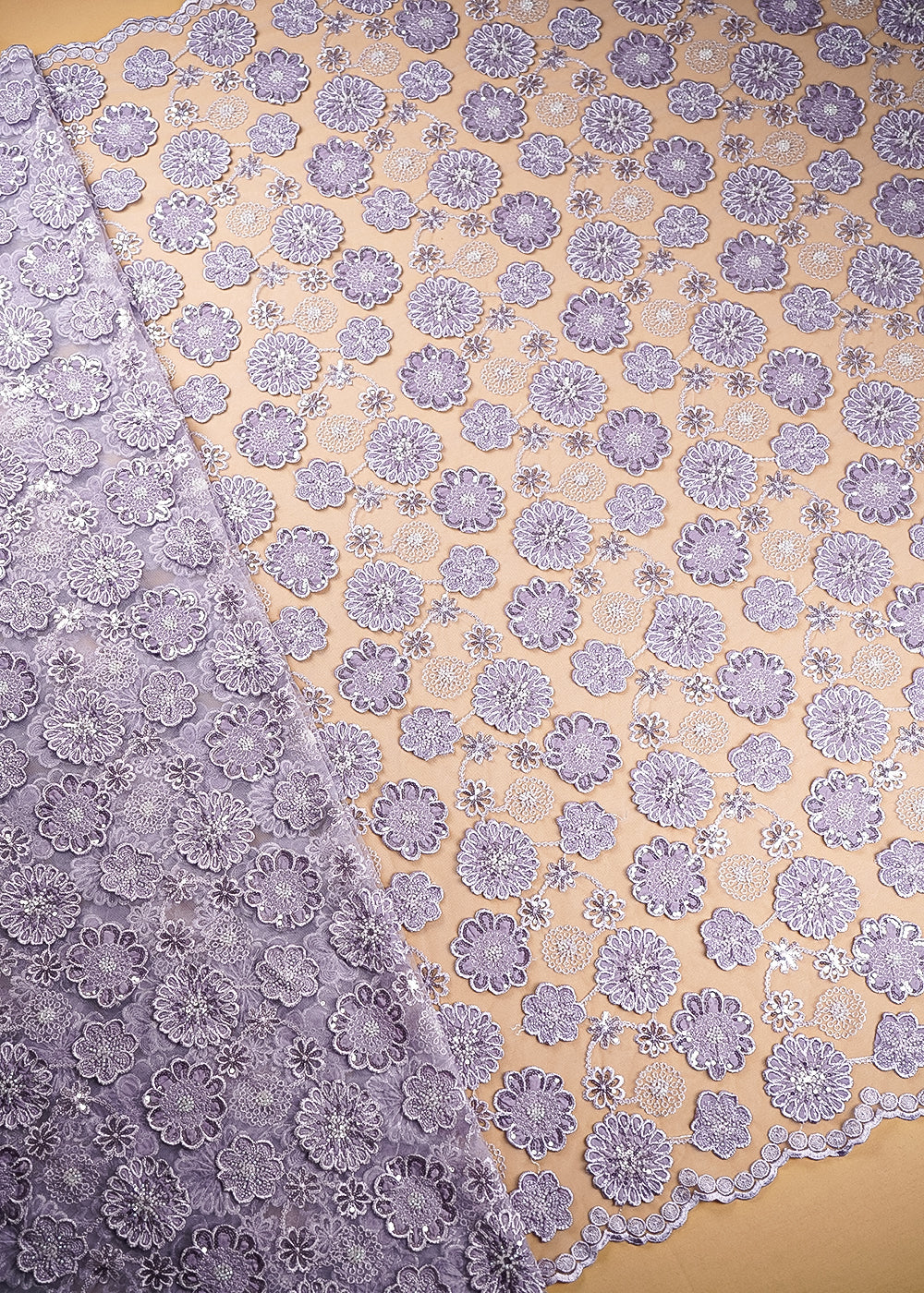 Lavender Imported Net Fabric With All Over Bead, Sequins And 3D Flowers With Two Side Borders 20226