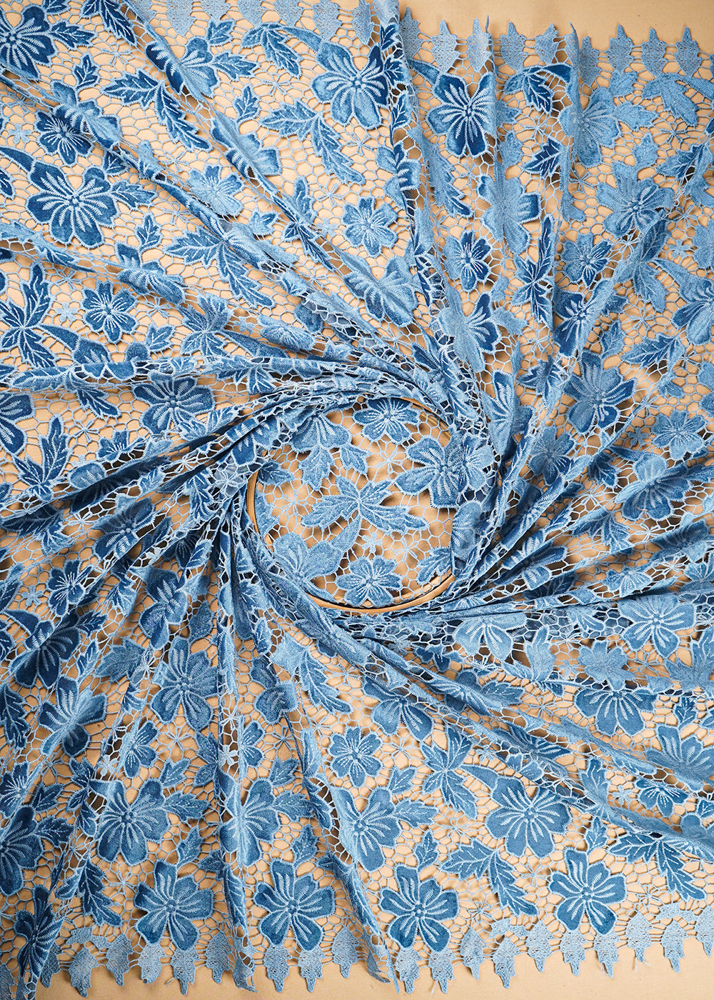 Blue Velvet Fabric With All Over Thread Cutwork 20227