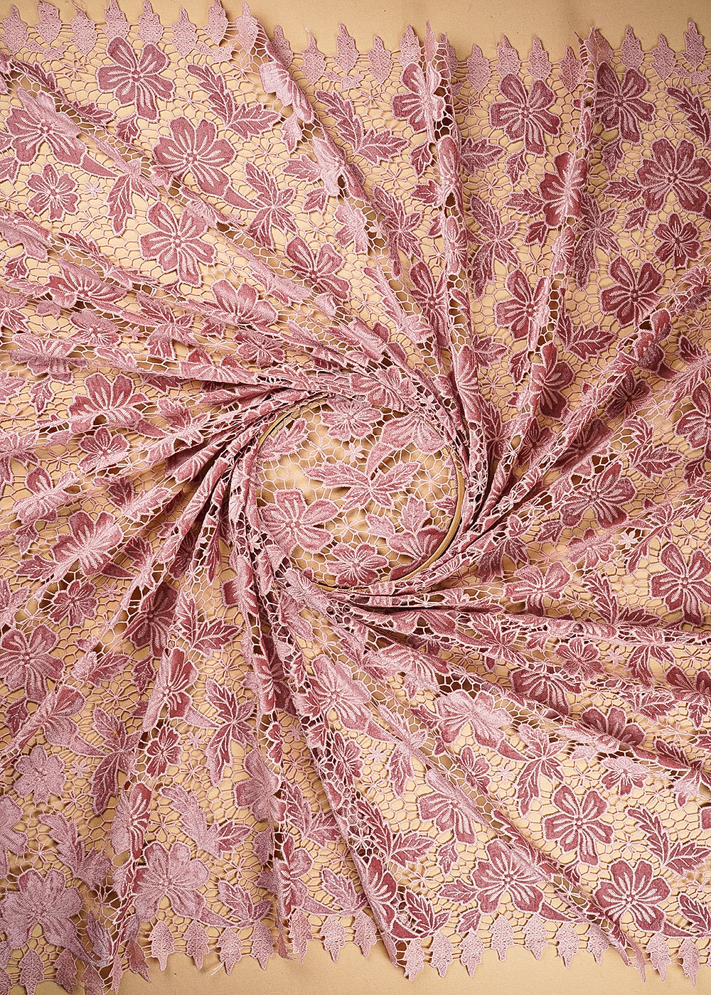Coral Pink Velvet Fabric With All Over Thread Cutwork 20229