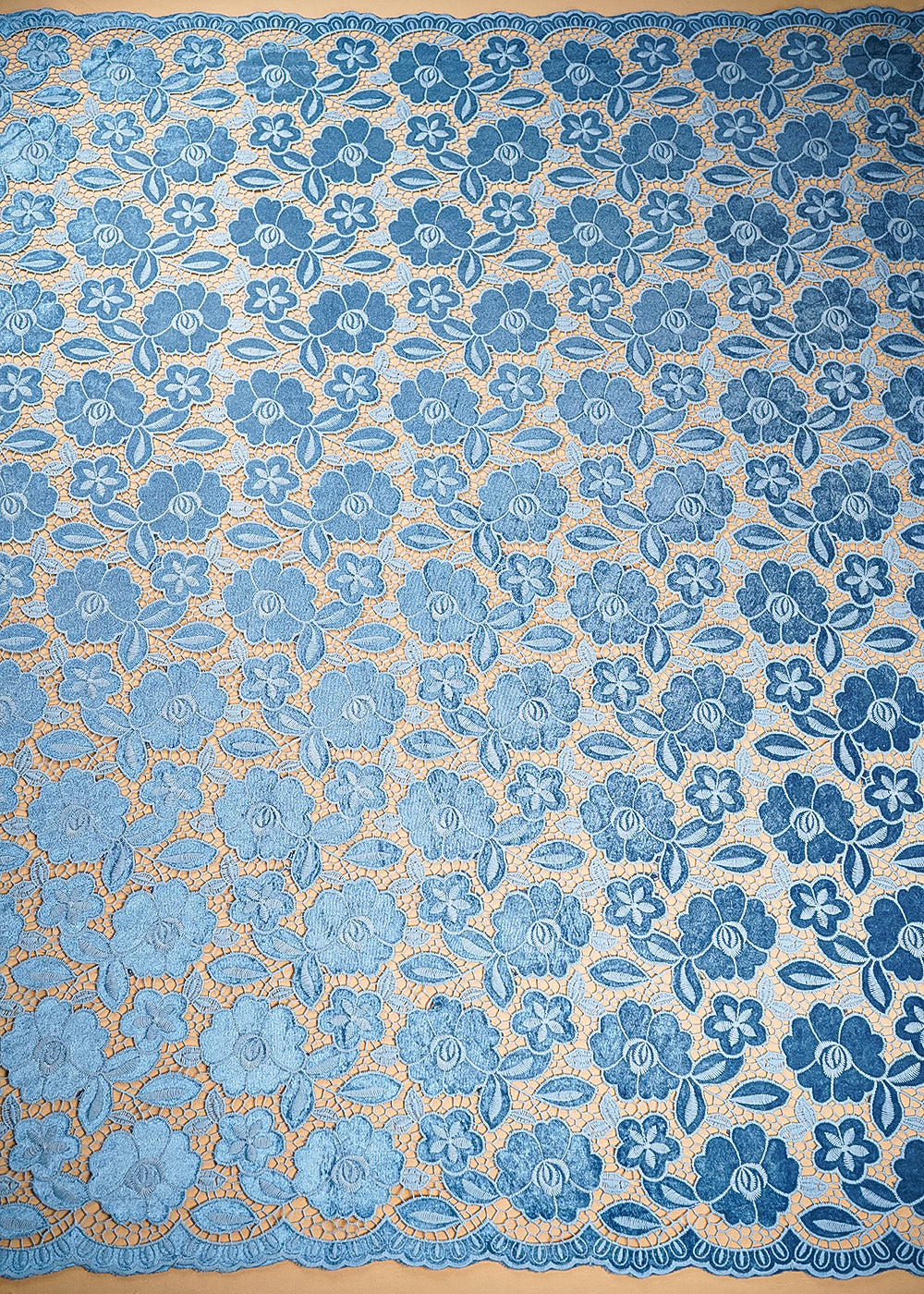 Blue Velvet Fabric With All Over Thread Cutwork 20230