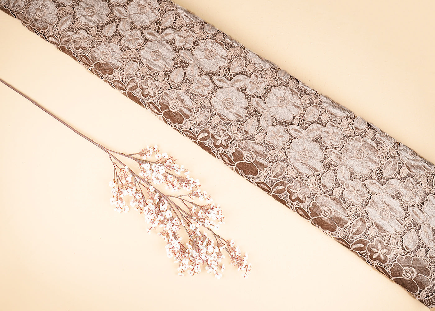 Coffee Velvet Fabric With All Over Thread Cutwork 20231