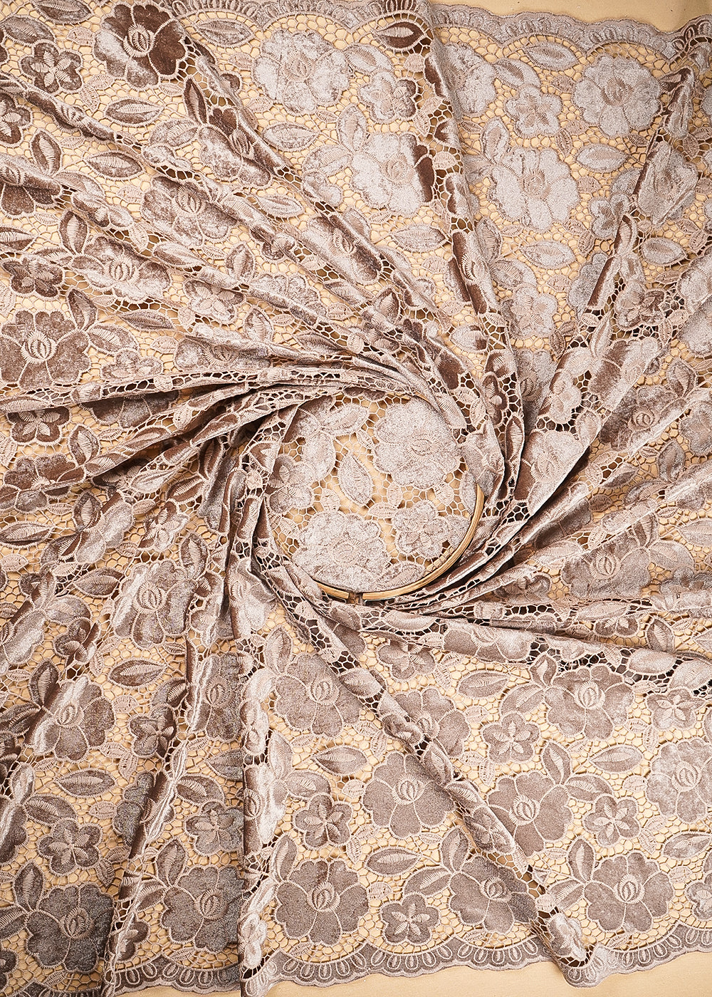 Coffee Velvet Fabric With All Over Thread Cutwork 20231