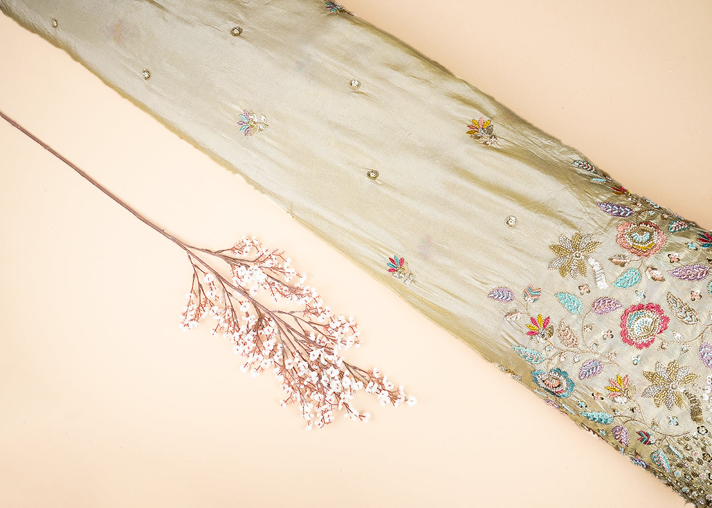 Light Golden Tissue Fabric With All Over Bead, Sequins, Thread And Zari With One Side Border 20248